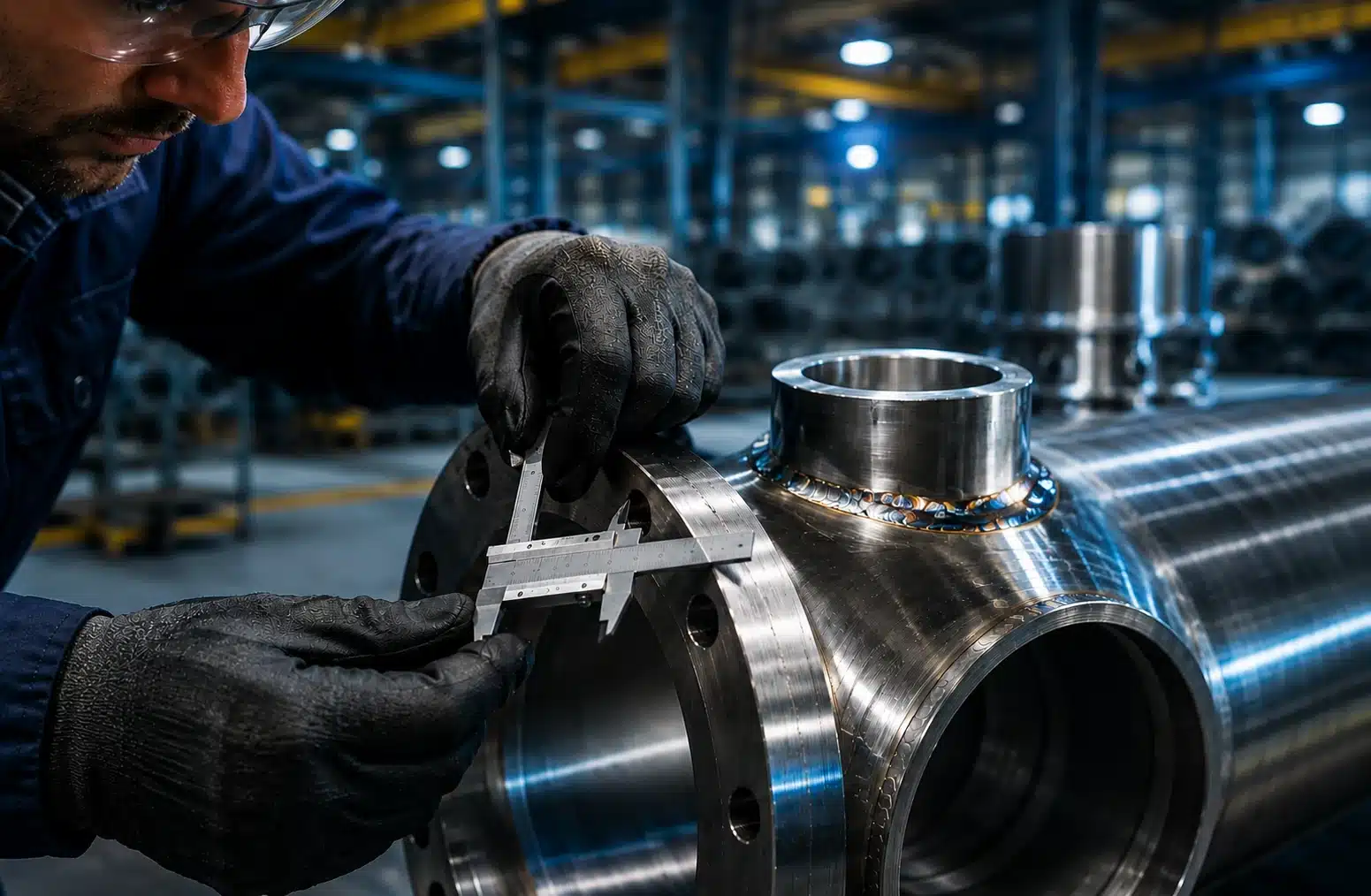 Precision stainless steel pipework fabrication detail Precision stainless steel pipework fabrication with a flange weld in an industrial workshop